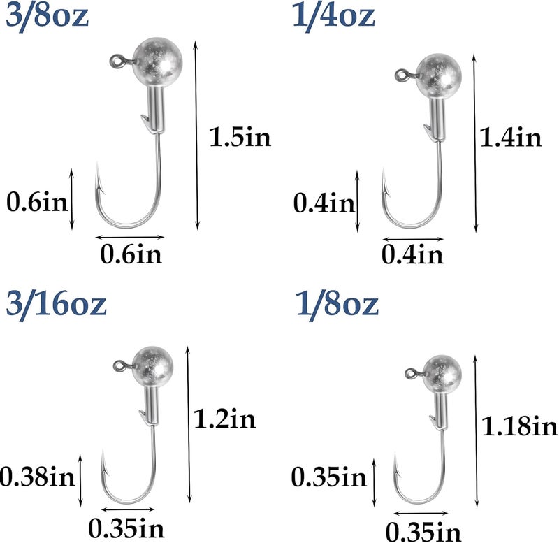 Jeoronuly 40pack Fishing Jig Heads Set with Hooks Box, Fishing Soft Lures Hooks for Crappie Bass Trout, Saltwater Freshwater Fishing Tackle Kit, 1/8 oz, 3/16 oz, 1/4 oz, 3/8 oz, 10pcs Each Size - Image 4